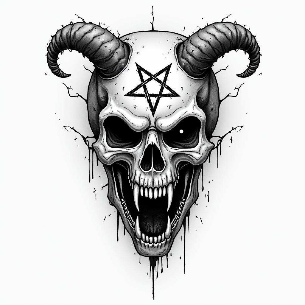 Landscapescreepy horror tattoo style, featuring an eerie and unsettling skull of a demonic creature, distorted face with sharp fangs, add pentagram symbol - Variation 3