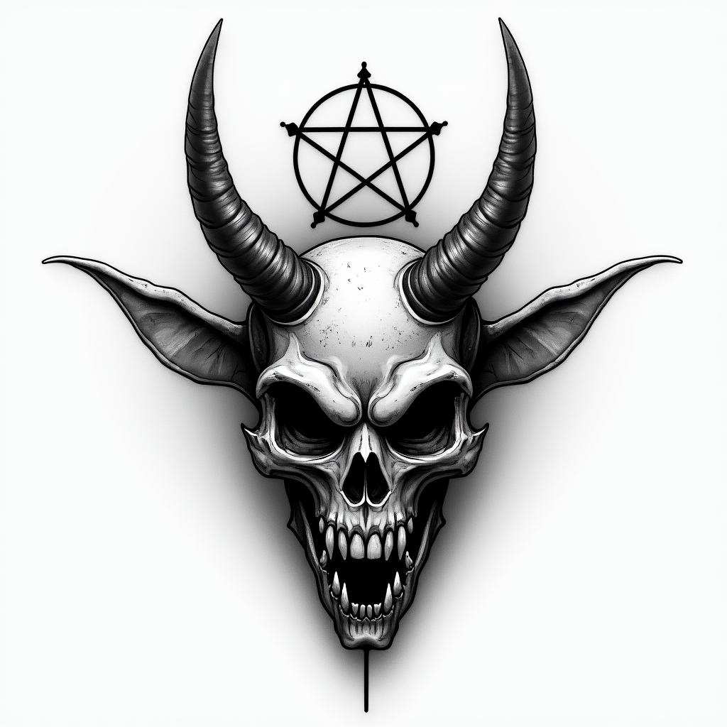 Landscapescreepy horror tattoo style, featuring an eerie and unsettling skull of a demonic creature, distorted face with sharp fangs, add pentagram symbol