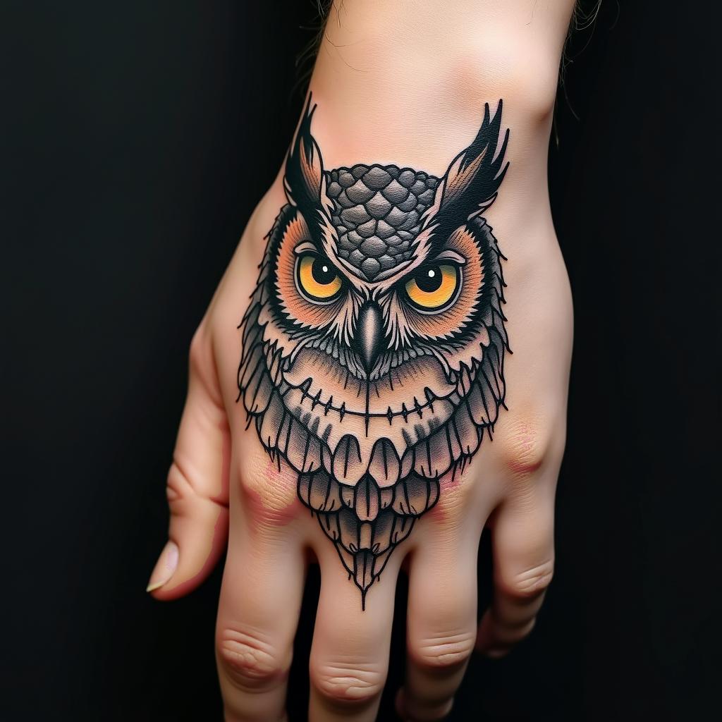 Angry Horned Owlin spiritual symbols tattoo style, featuring an intricate design incorporating elements, Hamsa hand, third eye, minimalist composition - Variation 3