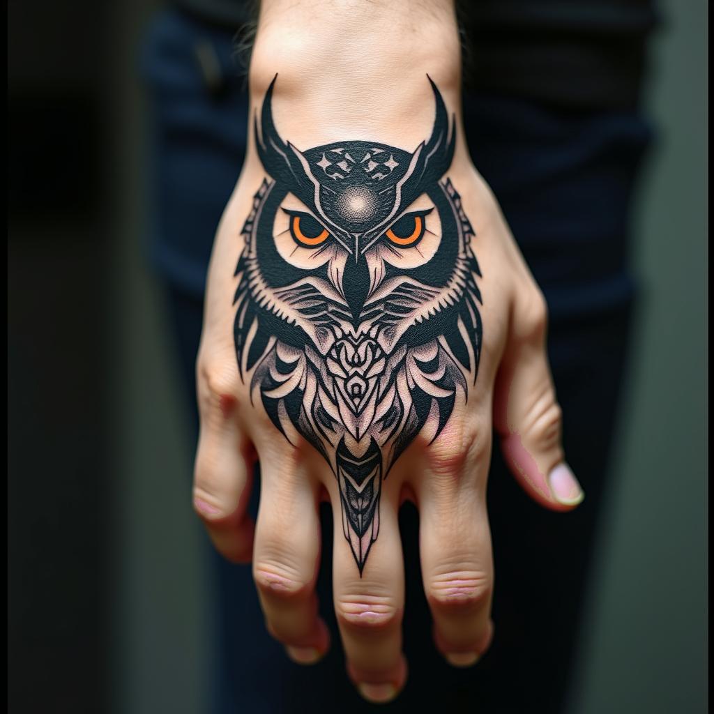 Angry Horned Owlin spiritual symbols tattoo style, featuring an intricate design incorporating elements, Hamsa hand, third eye, minimalist composition