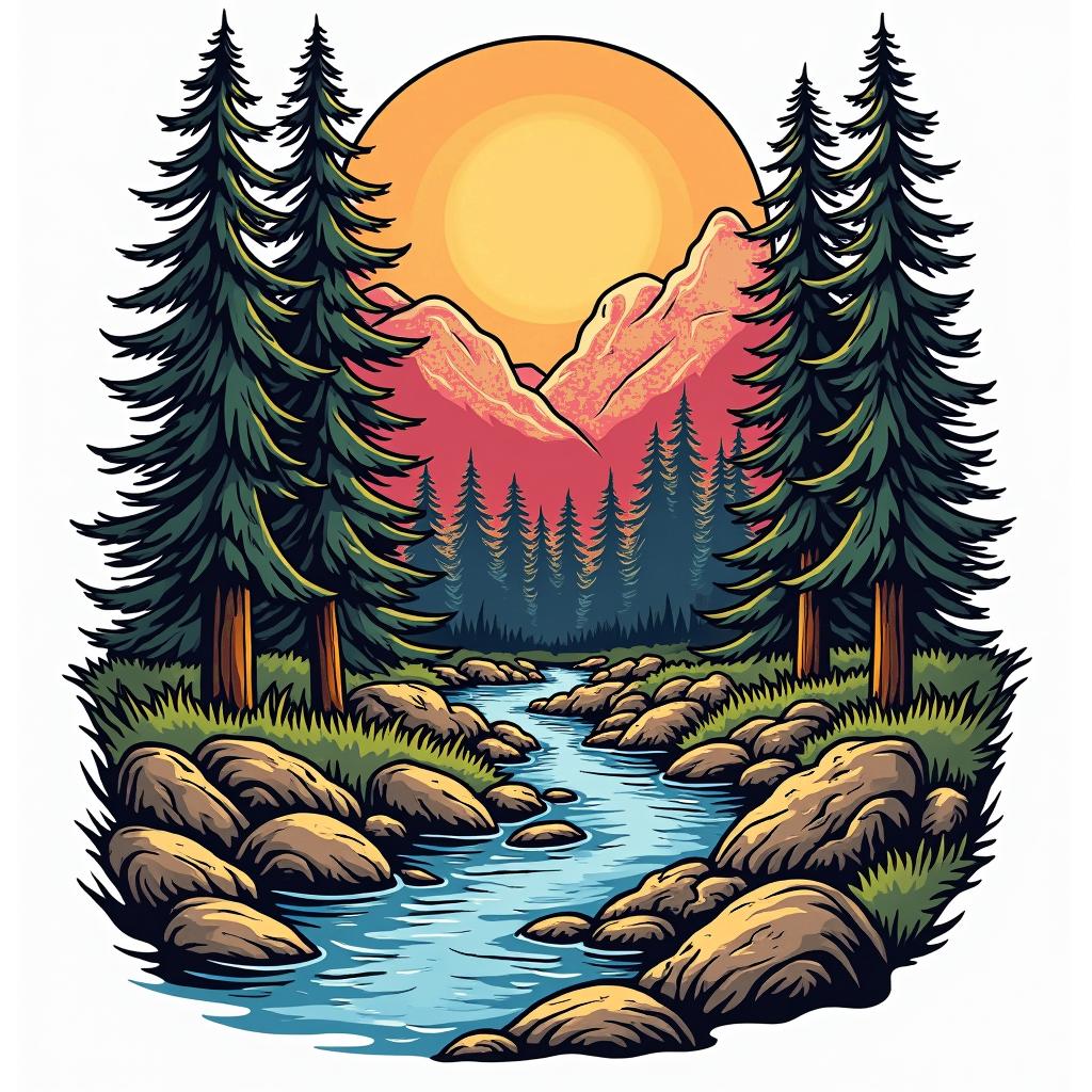 Forest and stream, adorned with an inscription saying "Timon."in pop art style tattoo, featuring bold and vibrant colors, exaggerated outlines, iconic imagery, inspired by comic books and speech bubbles, comic book characters, retro pop culture - Variation 4