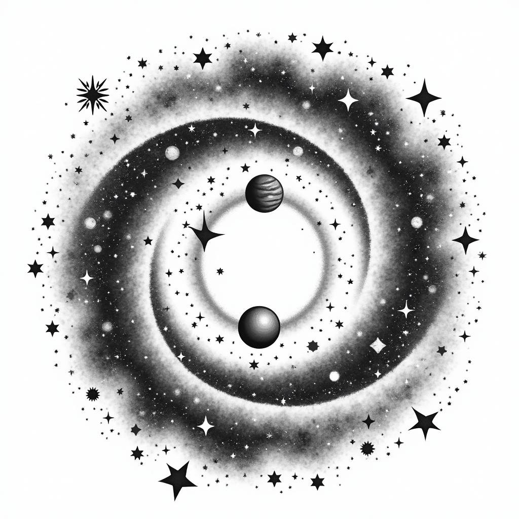 Spiral galaxy with stars and planetstext-based tattoo, japanese font ultra-realistic, perfectly placed, high-quality font design, photo-realistic shading, 8k, high quality, finely detailed typograph - Variation 3