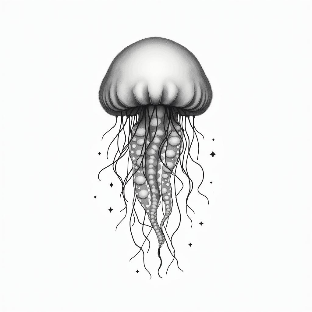 Jellyfishin minimalist style tattoo, featuring simple shapes and fine lines, with minimal shading and details, tiny triangles, creating a sense of balance and harmony - Variation 4