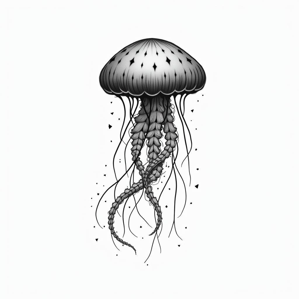 Jellyfishin minimalist style tattoo, featuring simple shapes and fine lines, with minimal shading and details, tiny triangles, creating a sense of balance and harmony - Variation 3