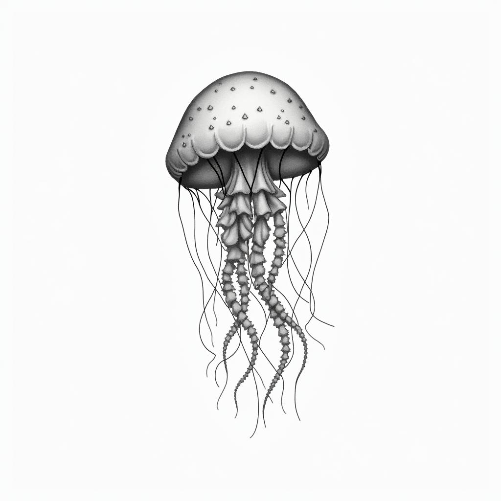 Jellyfishin minimalist style tattoo, featuring simple shapes and fine lines, with minimal shading and details, tiny triangles, creating a sense of balance and harmony - Variation 2