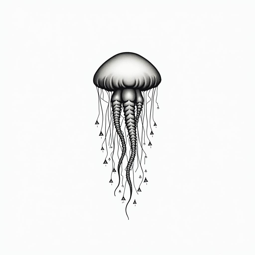 Jellyfishin minimalist style tattoo, featuring simple shapes and fine lines, with minimal shading and details, tiny triangles, creating a sense of balance and harmony