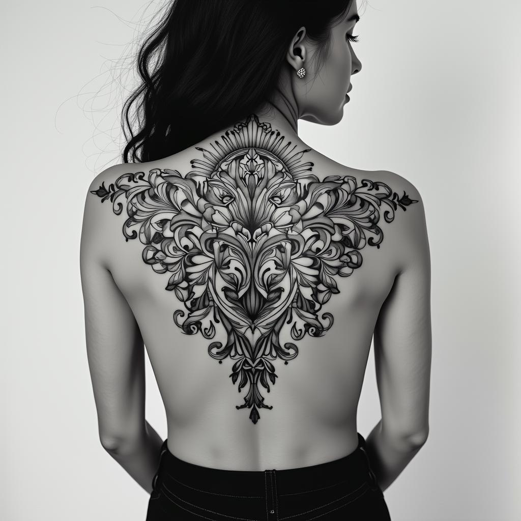 To put on my thigh. Womanin ornamental tattoo style, featuring intricate symmetrical patterns and floral designs, showcasing highly detailed line work and geometric shapes, creating a sense of elegance and balance
