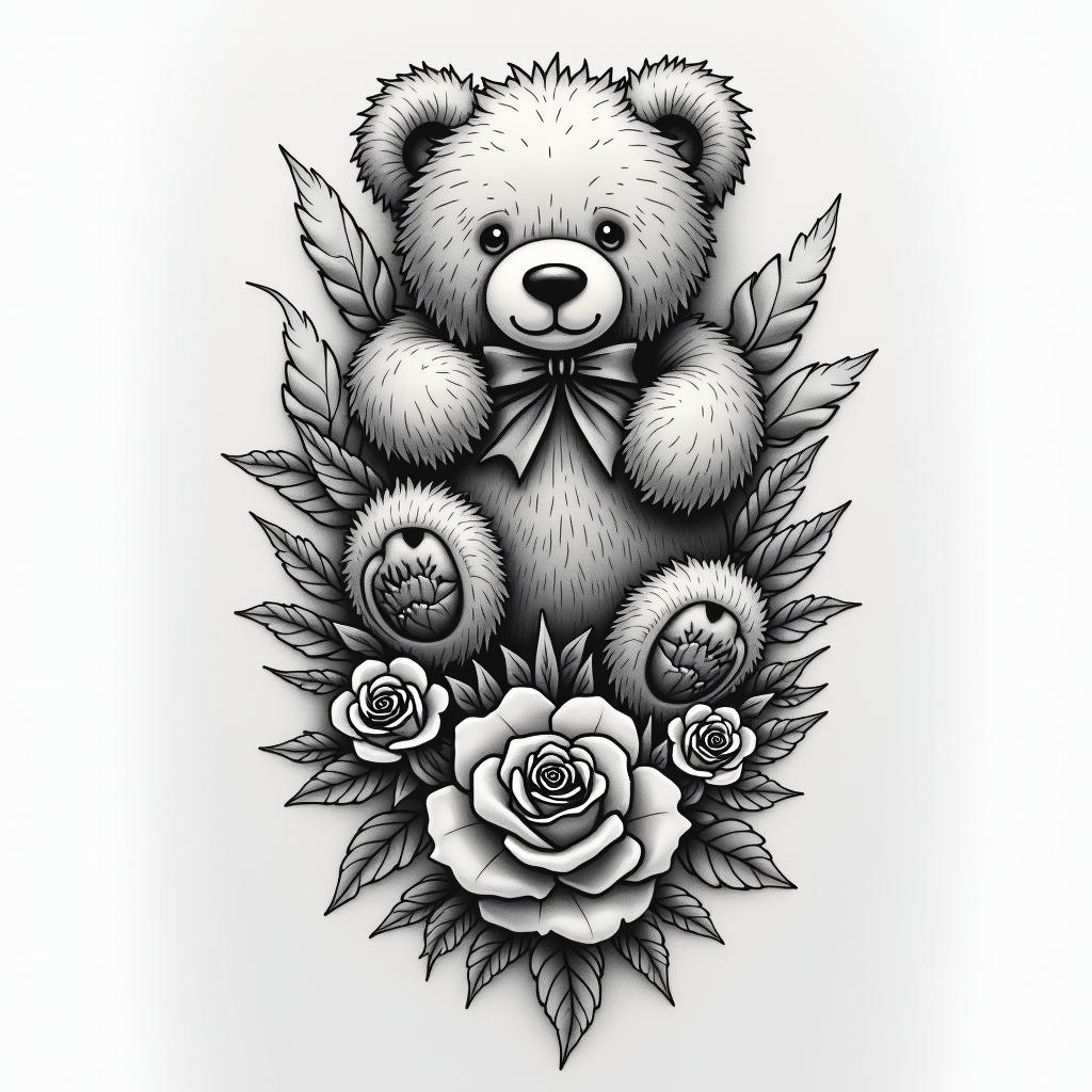 a sleeve including the dates 02/21/2023-08/1/2024 with a teddy bear some roses and doves with a quote that says “you gained your wings but will forever be in my heart” with the name Devoneir A.Hin portrait tattoo style, featuring a highly realistic and detailed depiction - Variation 3