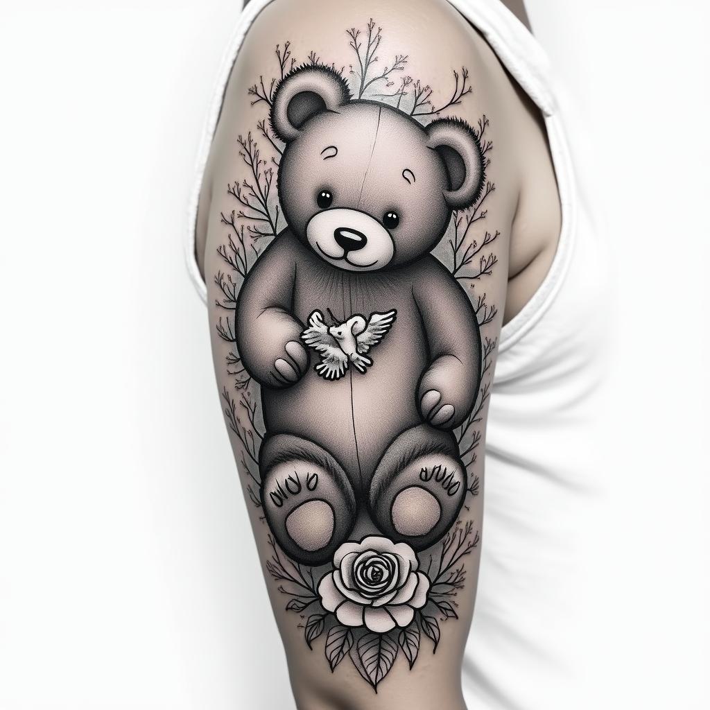 a sleeve including the dates 02/21/2023-08/1/2024 with a teddy bear some roses and doves with a quote that says “you gained your wings but will forever be in my heart” with the name Devoneir A.Hin portrait tattoo style, featuring a highly realistic and detailed depiction - Variation 2