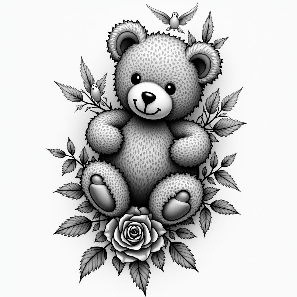 a sleeve including the dates 02/21/2023-08/1/2024 with a teddy bear some roses and doves with a quote that says “you gained your wings but will forever be in my heart” with the name Devoneir A.Hin portrait tattoo style, featuring a highly realistic and detailed depiction - Variation 4
