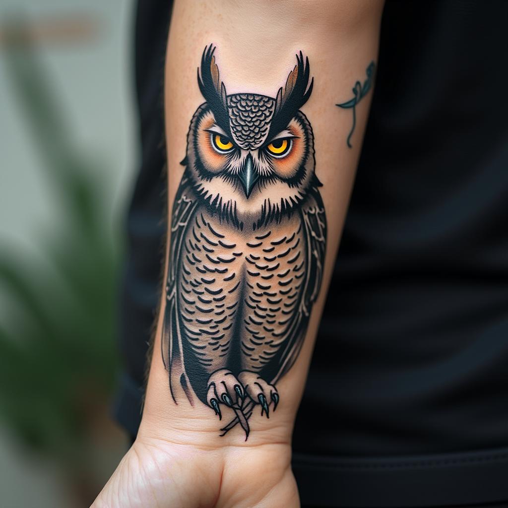 Angry Horned Owltext-based tattoo, japanese font ultra-realistic, perfectly placed, high-quality font design, photo-realistic shading, 8k, high quality, finely detailed typograph - Variation 2