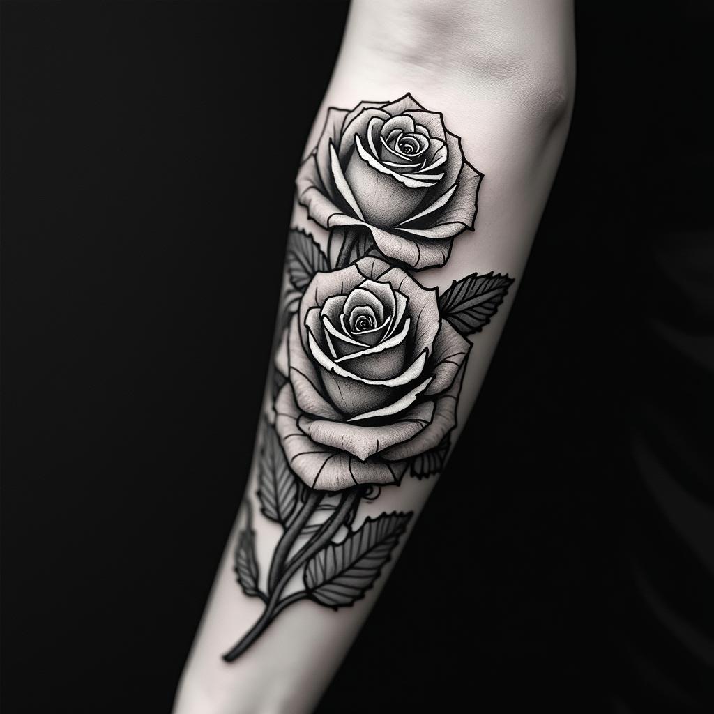 Roses with thorns and timein realism tattoo style, featuring a highly detailed, lifelike, capturing every detail, photorealistic, ultra realistic, intricate shading, smooth and sharp,