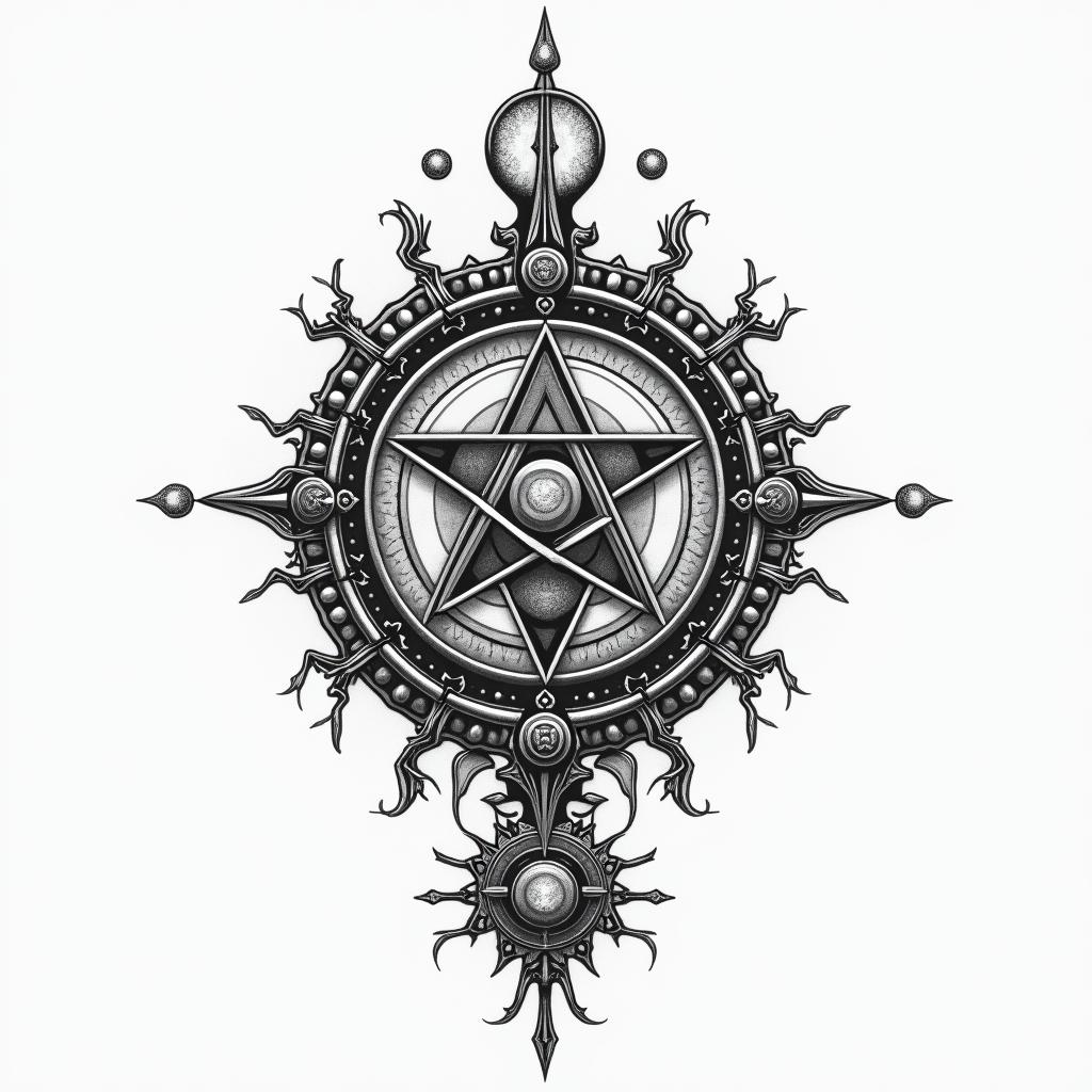 Librain paganic style tattoo, featuring ancient symbols, add vegvisir symbol, mystical figures, incorporating designs, pentagrams, runes, crescent moons,