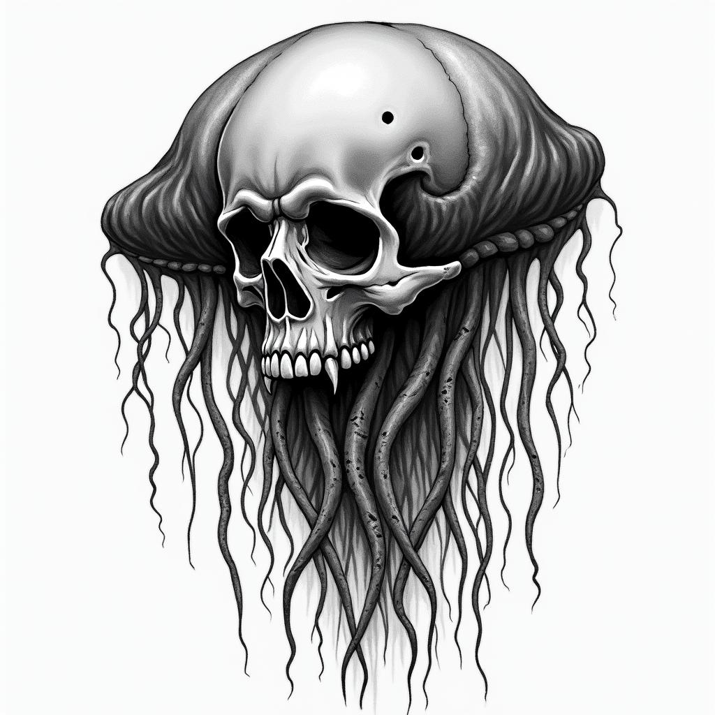 Jellyfish in horror tattoo style, showcasing haunting and unsettling, dark and gritty textures with skulls, eerie faces, jgged designs, bold and intense shading - Variation 4