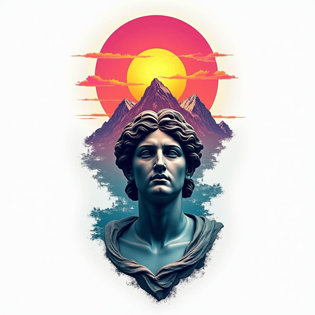 Mountain range with a rising sunin distorted and fragmented tattoo design, featuring a classical statue bust, in a glitch art style with vibrant, overlapping colors of cyan, magenta, and yellow, creating a digital distortion effect