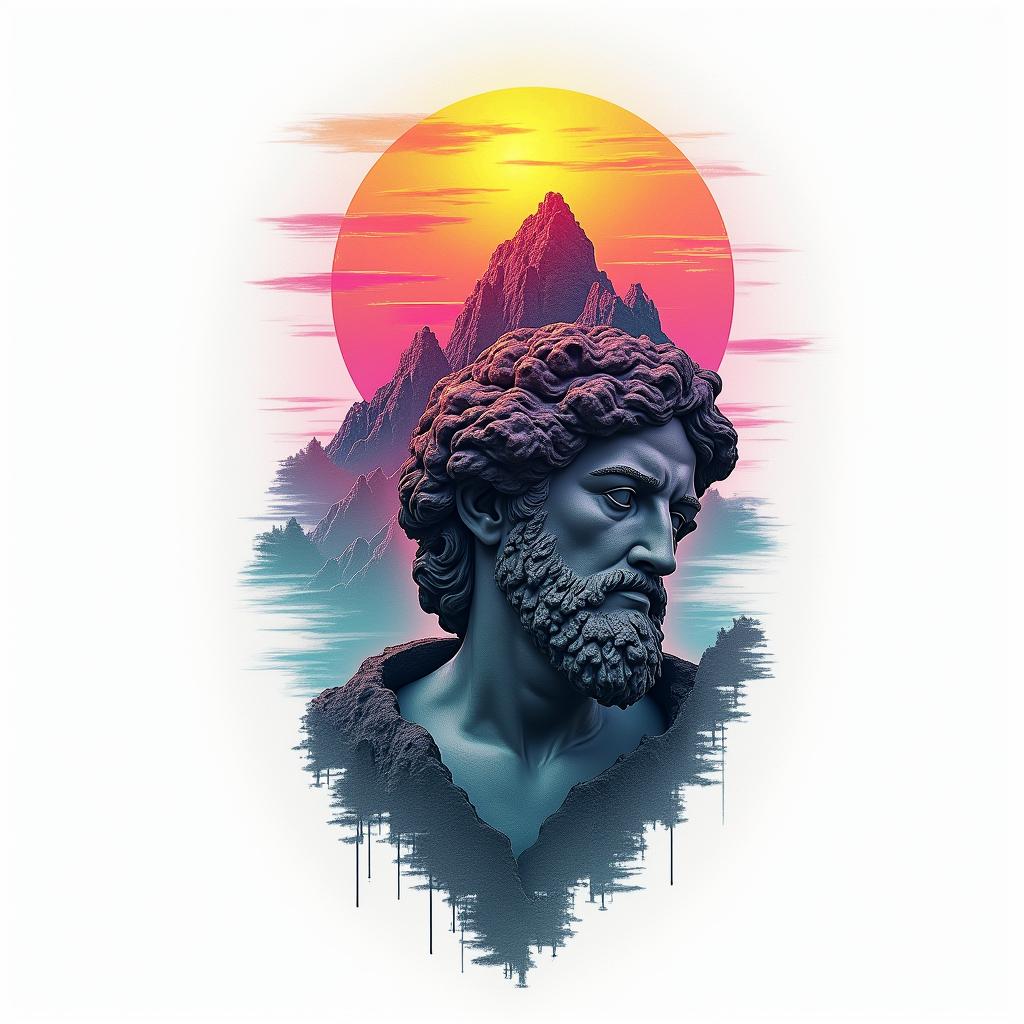 Mountain range with a rising sunin distorted and fragmented tattoo design, featuring a classical statue bust, in a glitch art style with vibrant, overlapping colors of cyan, magenta, and yellow, creating a digital distortion effect - Variation 4