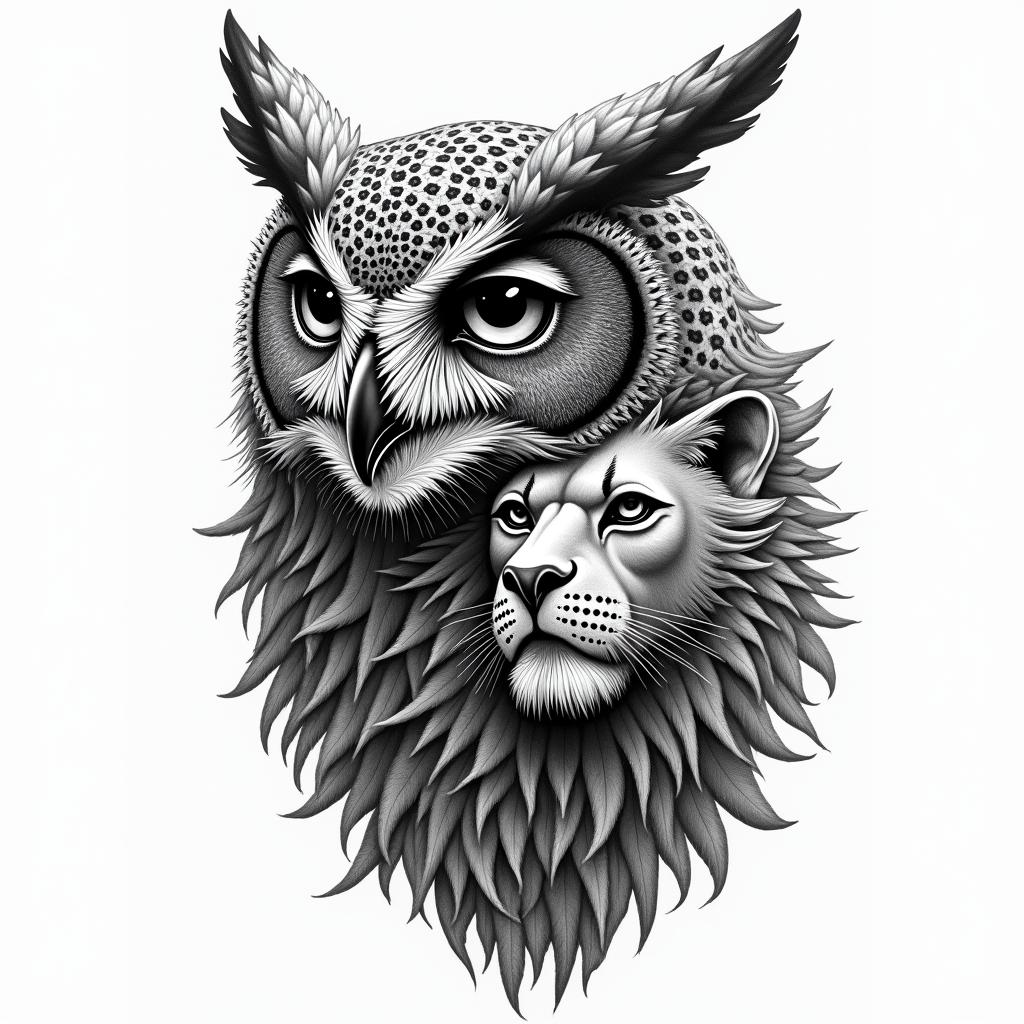 Owl and lion to represent courage and wisdomin egyptian style tattoo, bold elements of ancient egyptian culture including a portrait of an Egyptian pharaoh with detailed facial features, in hieroglyphs and symbolic imagery, eye of horus, ankh symbol, scarab beetle - Variation 5