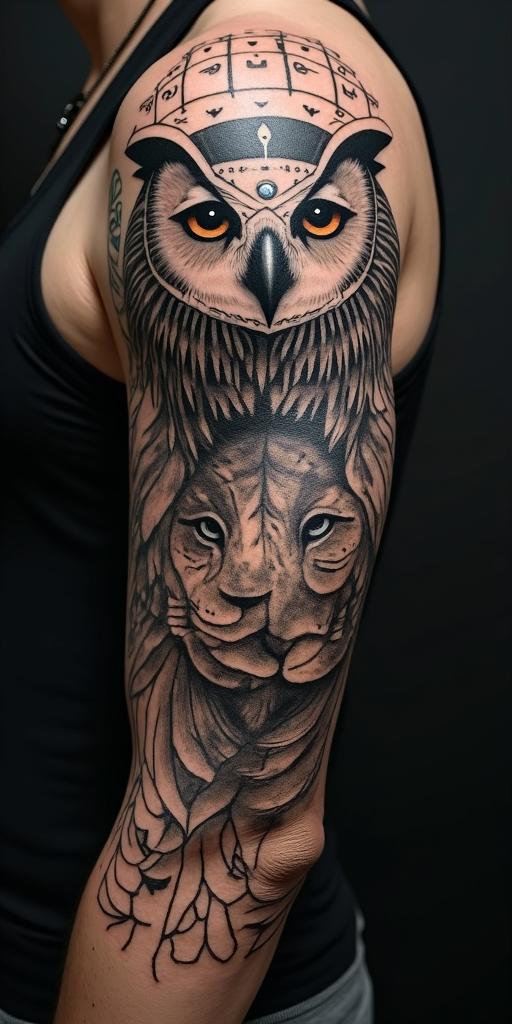 Owl and lion to represent courage and wisdomin egyptian style tattoo, bold elements of ancient egyptian culture including a portrait of an Egyptian pharaoh with detailed facial features, in hieroglyphs and symbolic imagery, eye of horus, ankh symbol, scarab beetle - Variation 4