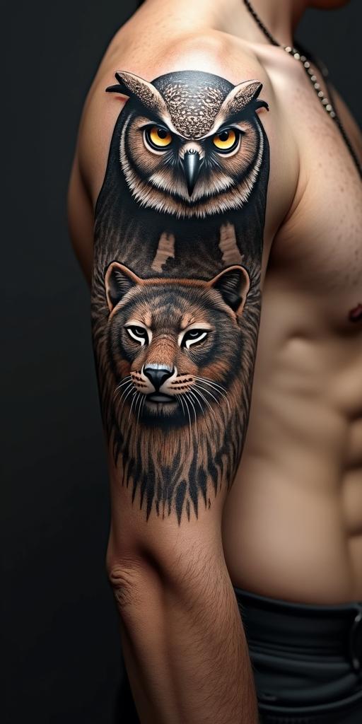 Owl and lion to represent courage and wisdomin egyptian style tattoo, bold elements of ancient egyptian culture including a portrait of an Egyptian pharaoh with detailed facial features, in hieroglyphs and symbolic imagery, eye of horus, ankh symbol, scarab beetle