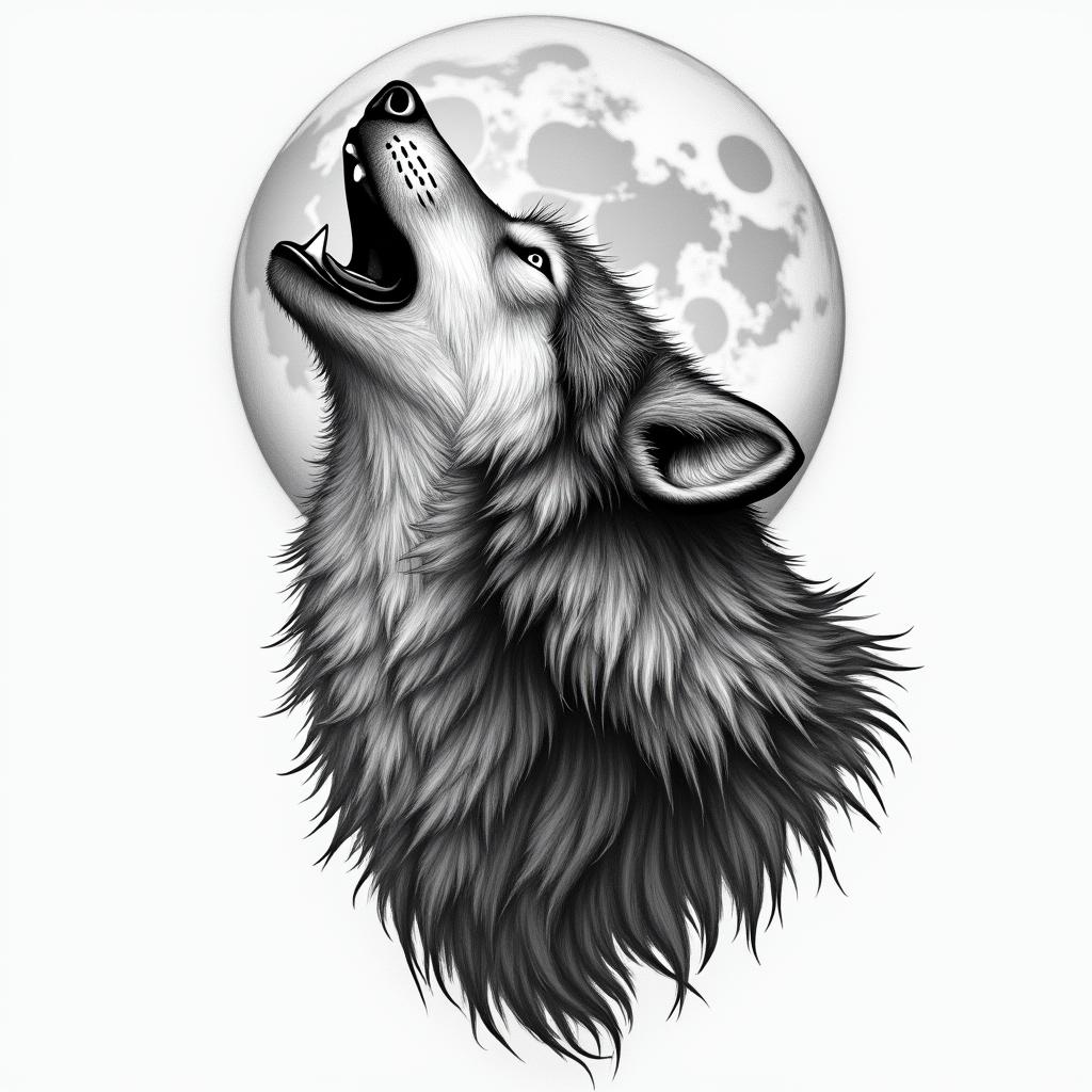 Howling wolf under a full moonhigly detailed tattoo - Variation 23