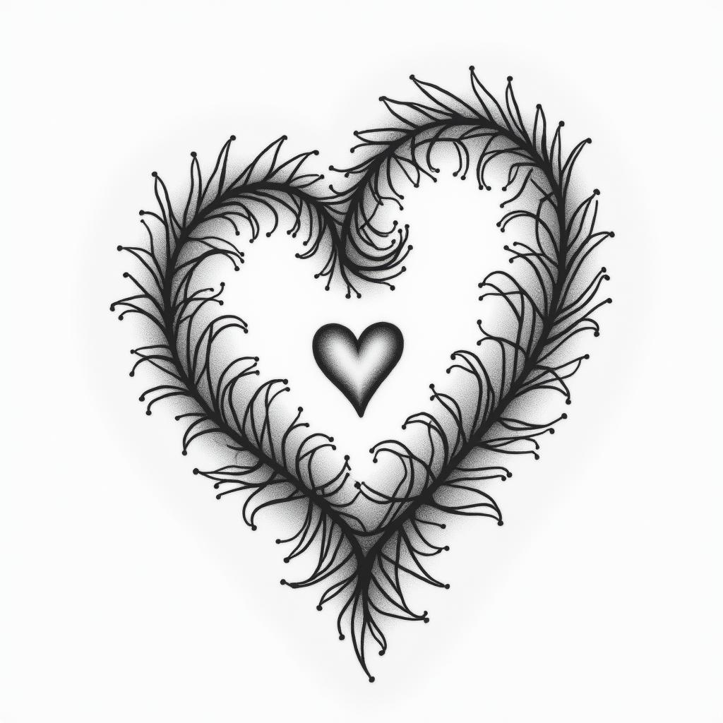 Couple tattoo that has been through a lot.in Modest style tattoo, featuring soft, delicate line work with simple and meaningful symbols, gentle waves, a heart, evoking a sense of serenity and grace,