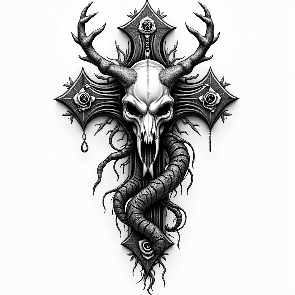 Majestic mythical creature that dwells underground, entwined with tree roots.in chicano style tattoo, featuring intricate black and grey shading, bold elements of traditional chicano culture symbols, add a big cross with skull, chains and roses