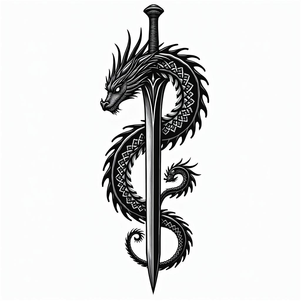 Majestic dragon coiled around a swordin tribal tattoo style, featuring bold and black geometric shapes, curved lines, intertwine and flow seamlessly, creating a powerful and symbolic design, polynesian and maori styles - Variation 10