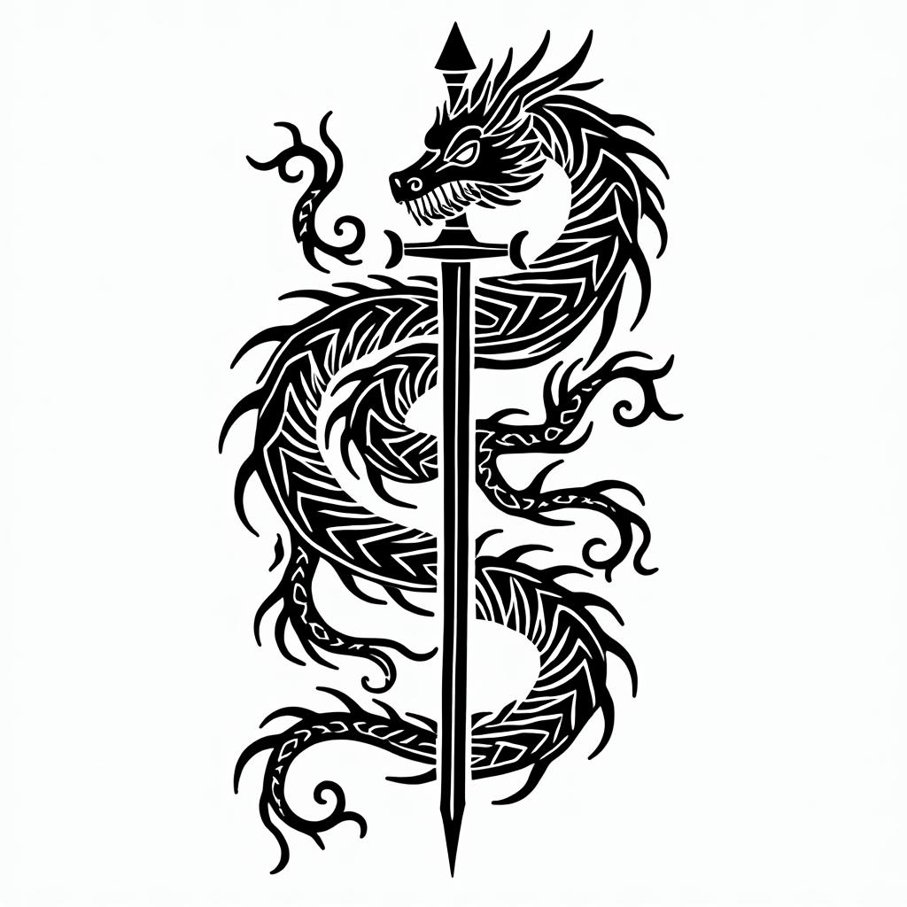Majestic dragon coiled around a swordin tribal tattoo style, featuring bold and black geometric shapes, curved lines, intertwine and flow seamlessly, creating a powerful and symbolic design, polynesian and maori styles - Variation 11