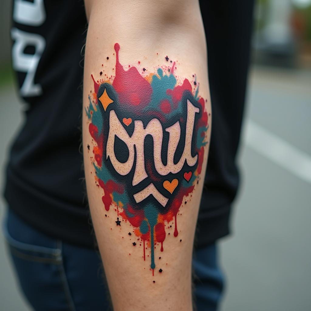 Outdoor in graffiti style tattoo, featuring bold and dynamic street art elements, spray-paint texture with exaggerated lines and expressive, chaotic brushstrokes, intricate lettering incorporated with graffiti tags, symbols like hearts, stars, and wings