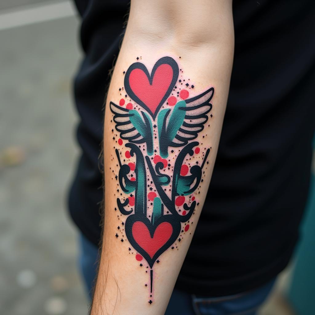 Outdoor in graffiti style tattoo, featuring bold and dynamic street art elements, spray-paint texture with exaggerated lines and expressive, chaotic brushstrokes, intricate lettering incorporated with graffiti tags, symbols like hearts, stars, and wings - Variation 2