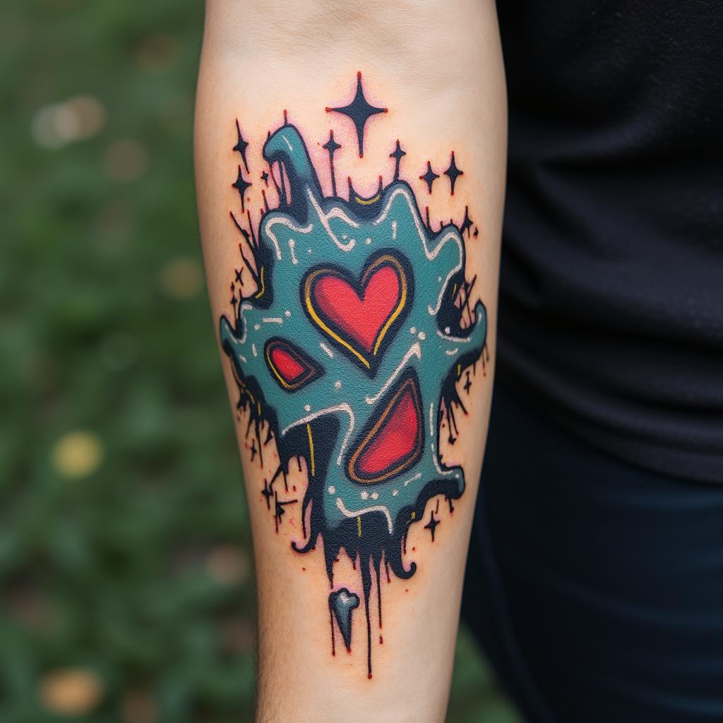 Outdoor in graffiti style tattoo, featuring bold and dynamic street art elements, spray-paint texture with exaggerated lines and expressive, chaotic brushstrokes, intricate lettering incorporated with graffiti tags, symbols like hearts, stars, and wings - Variation 3