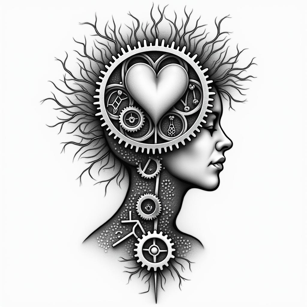 Mechanical gears fused with human anatomyin Modest style tattoo, featuring soft, delicate line work with simple and meaningful symbols, gentle waves, a heart, evoking a sense of serenity and grace, - Variation 4