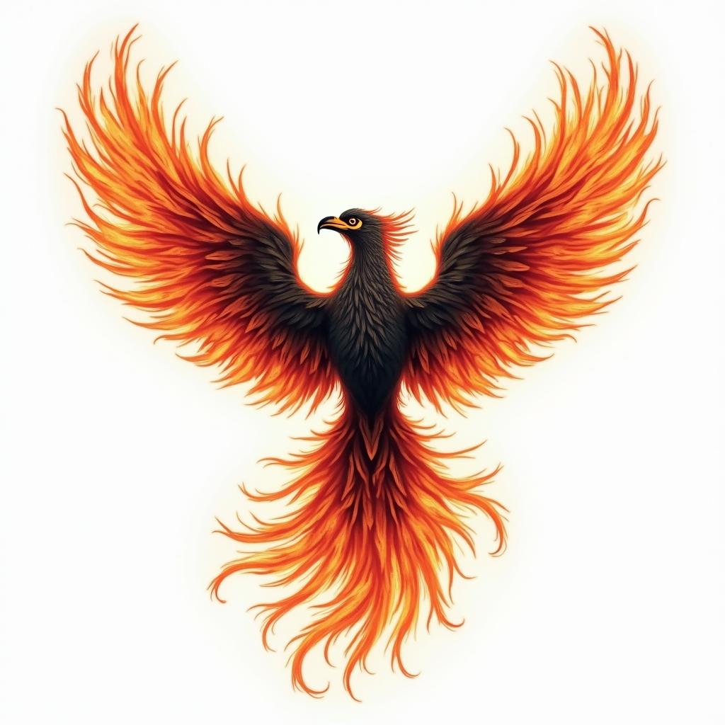 Phoenix, expansion, flamesin flame tattoo style showcasing fiery elements with dynamic flame patterns, glowing effect of flames, natural colors