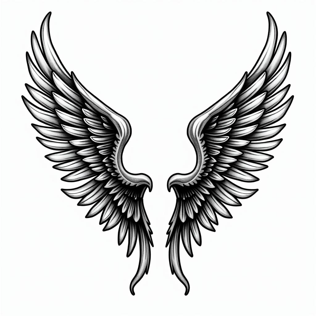 Angel wings with detailed feathersin pop art style tattoo, featuring bold and vibrant colors, exaggerated outlines, iconic imagery, inspired by comic books and speech bubbles, comic book characters, retro pop culture - Variation 5