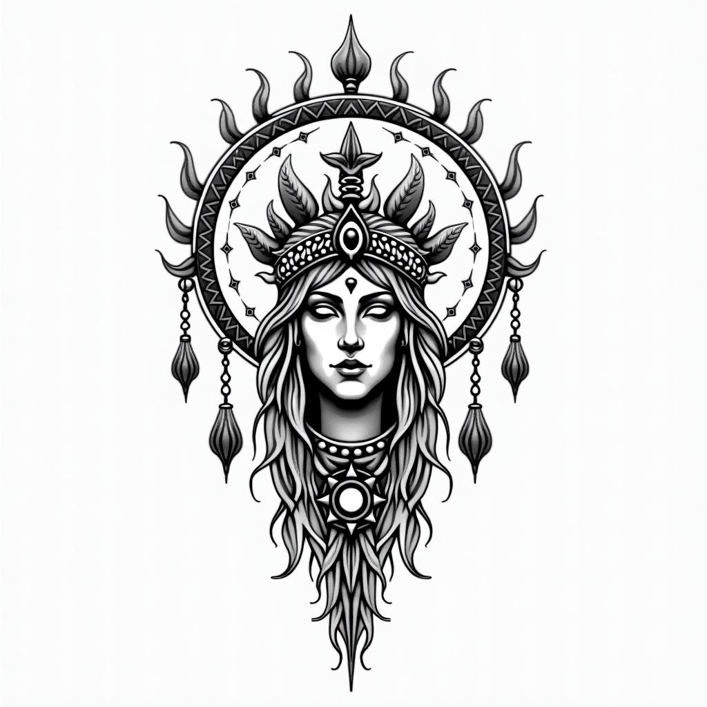 Athena, the goddess of war, firein spiritual symbols tattoo style, featuring an intricate design incorporating elements, Hamsa hand, third eye, minimalist composition - Variation 5