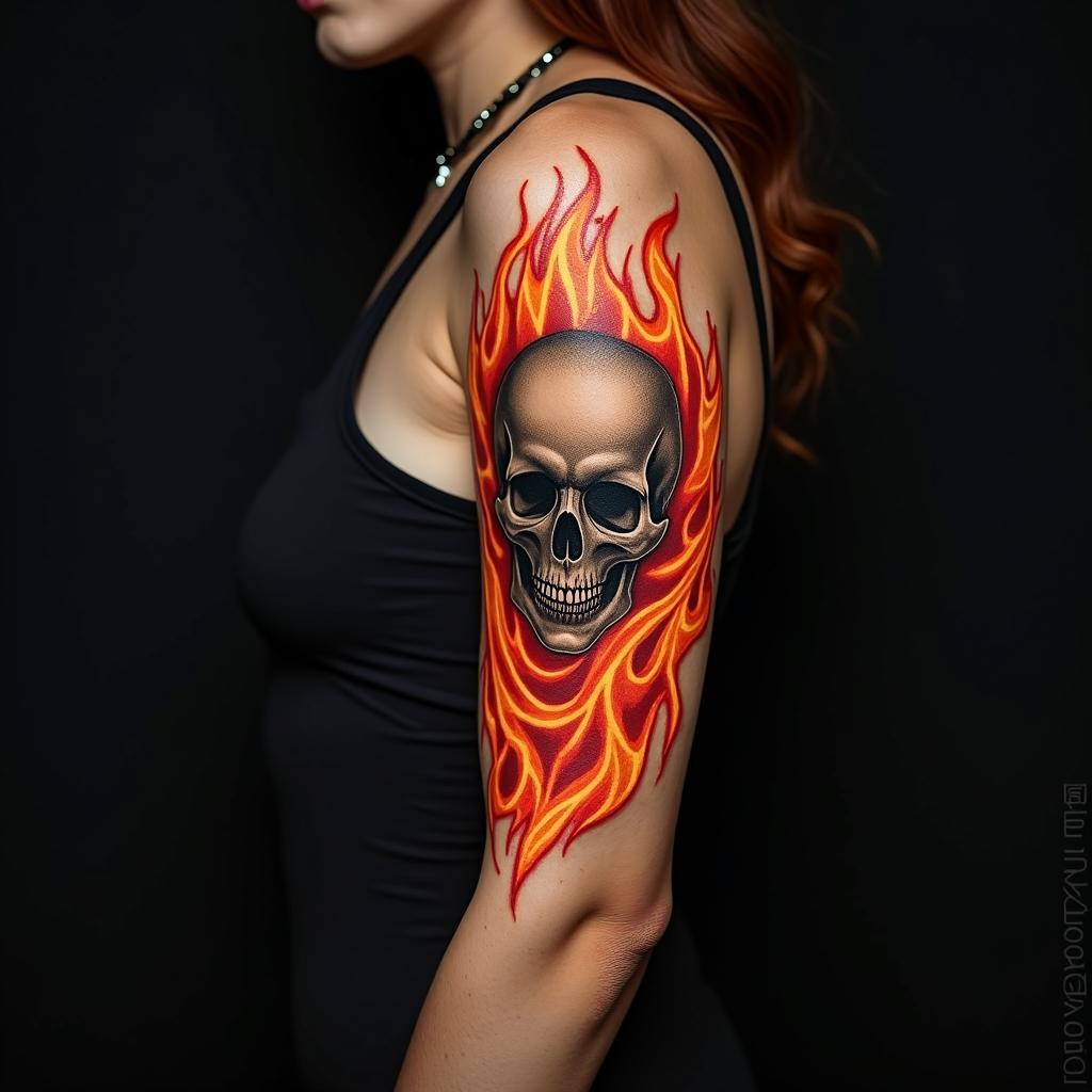 Flames, skullin flame tattoo style showcasing fiery elements with dynamic flame patterns, glowing effect of flames, natural colors - Variation 3