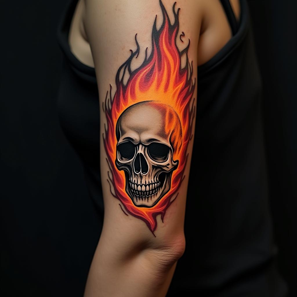Flames, skullin flame tattoo style showcasing fiery elements with dynamic flame patterns, glowing effect of flames, natural colors