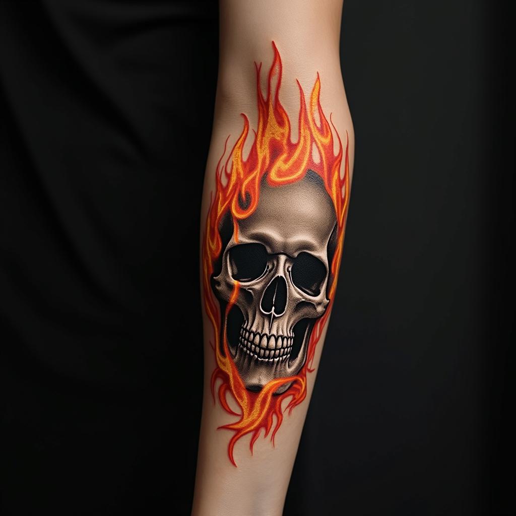 Flames, skullin flame tattoo style showcasing fiery elements with dynamic flame patterns, glowing effect of flames, natural colors - Variation 2
