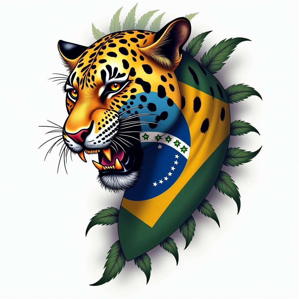 Brazilian flag with jaguar in colorhigly detailed tattoo - Variation 2