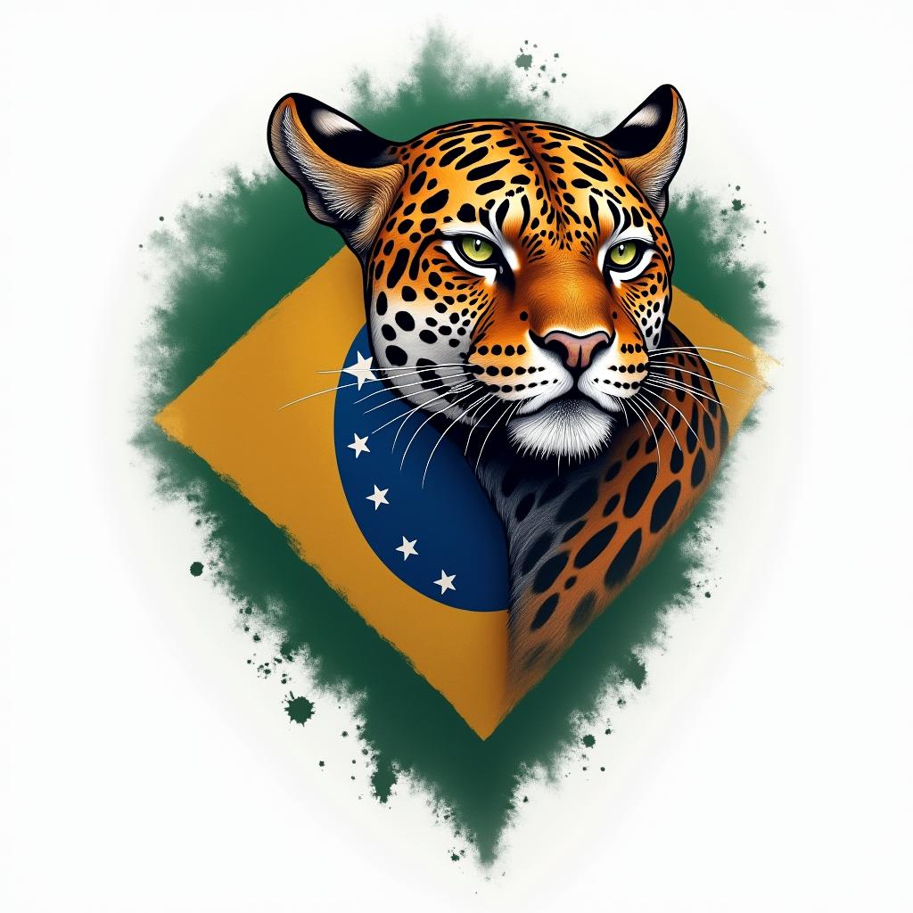 Brazilian flag with jaguar in colorhigly detailed tattoo - Variation 8