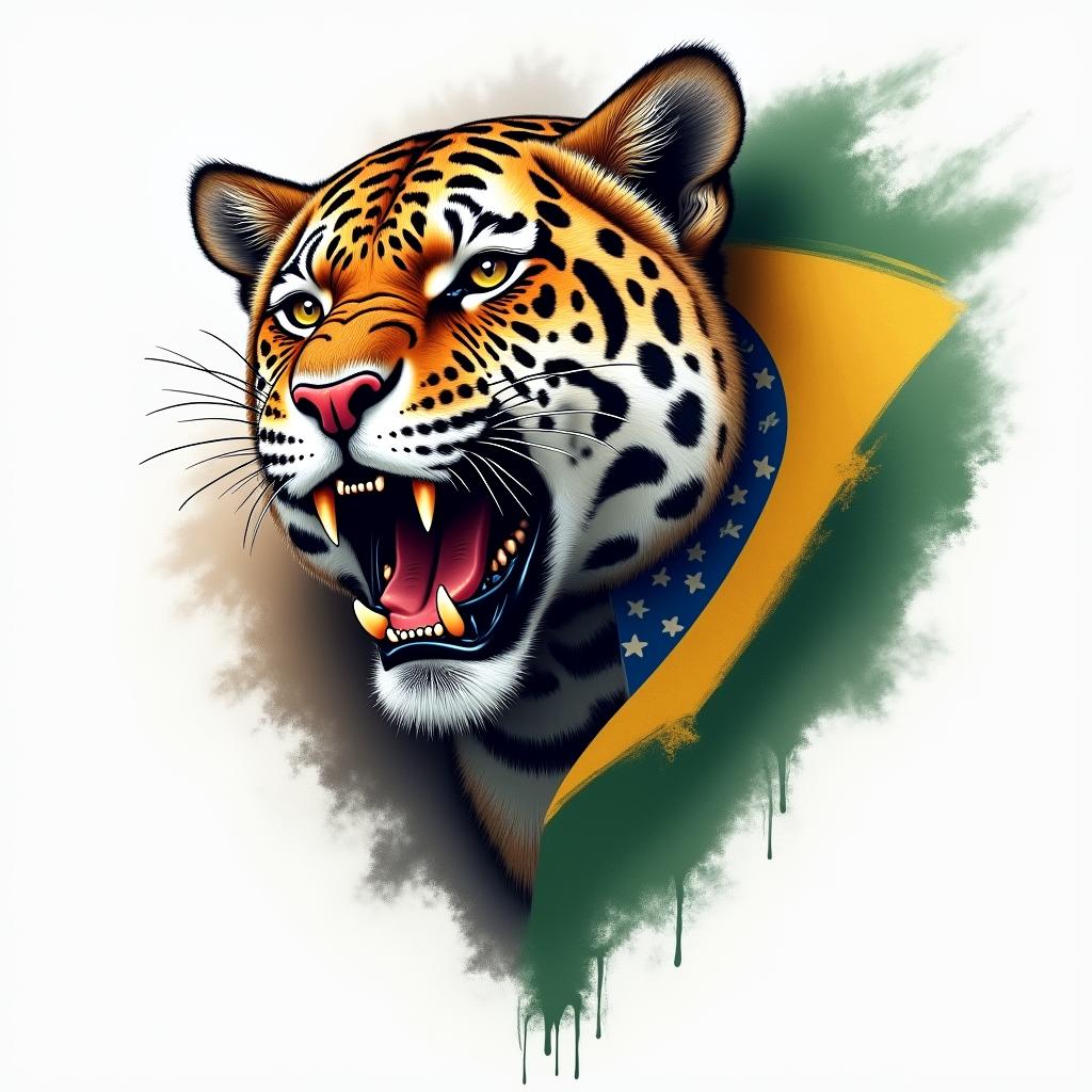 Brazilian flag with jaguar in colorhigly detailed tattoo - Variation 7