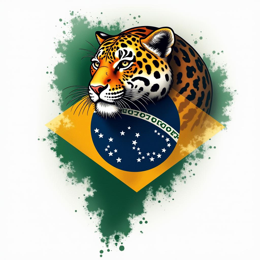 Brazilian flag with jaguar in colorhigly detailed tattoo - Variation 5