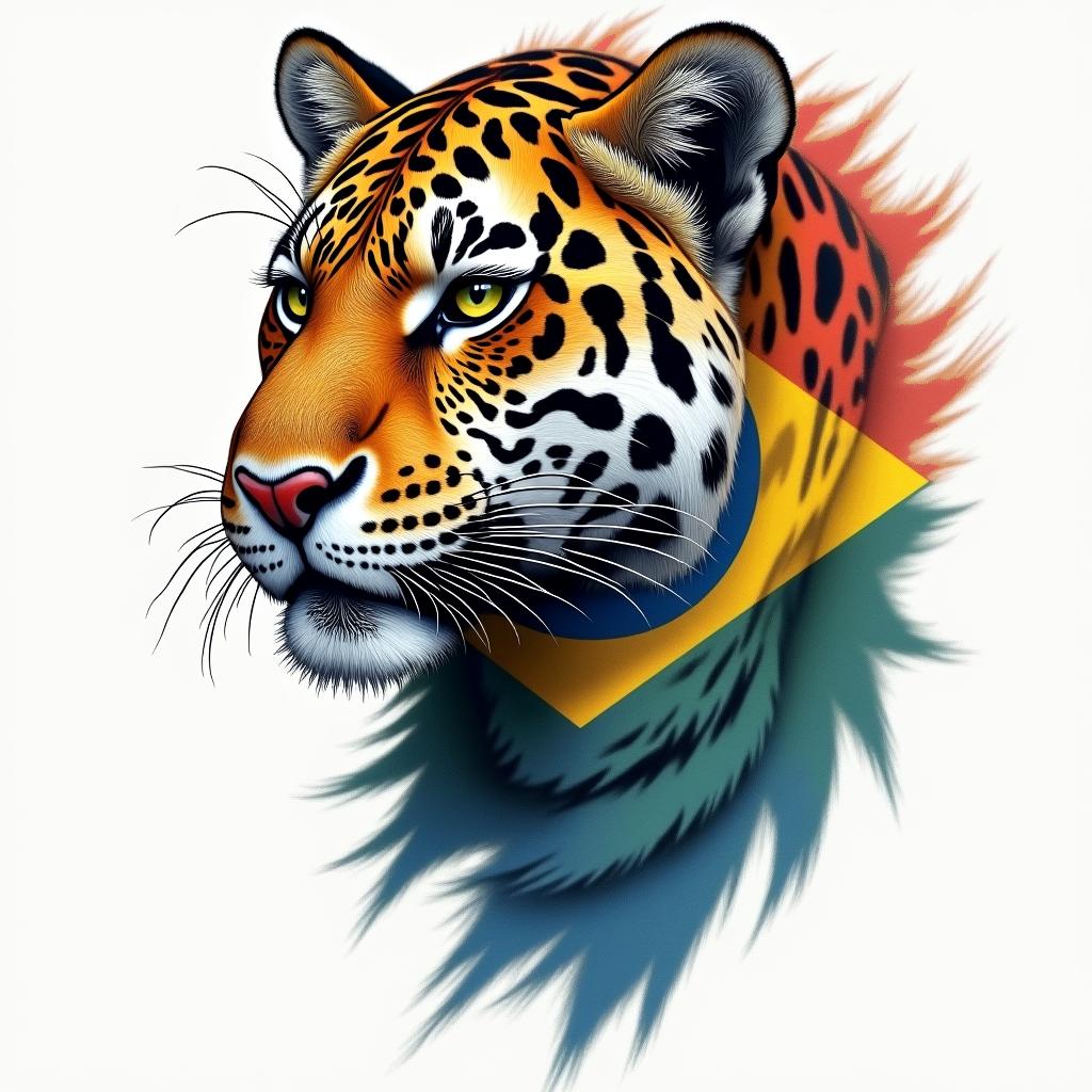 Brazilian flag with jaguar in colorhigly detailed tattoo - Variation 4