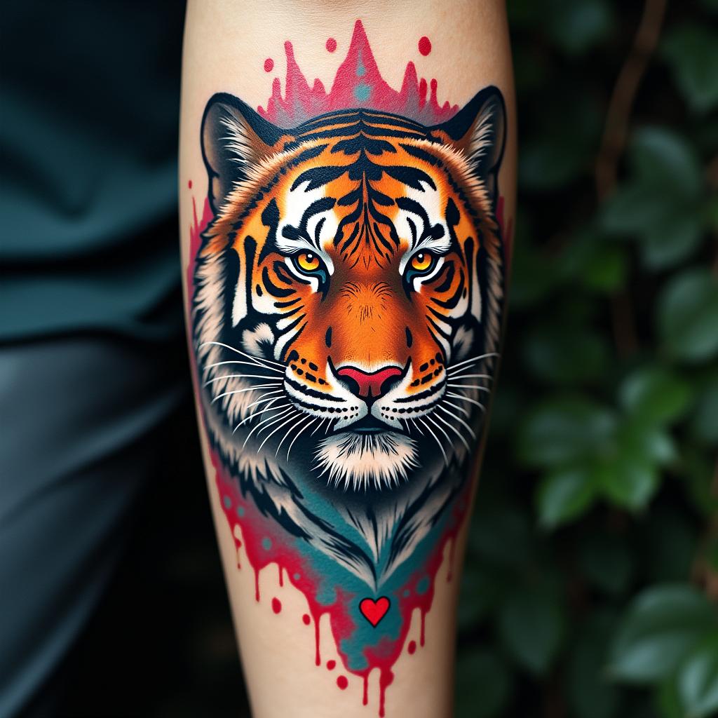 Tiger with intense eyes in a junglein graffiti style tattoo, featuring bold and dynamic street art elements, spray-paint texture with exaggerated lines and expressive, chaotic brushstrokes, intricate lettering incorporated with graffiti tags, symbols like hearts, stars, and wings - Variation 3