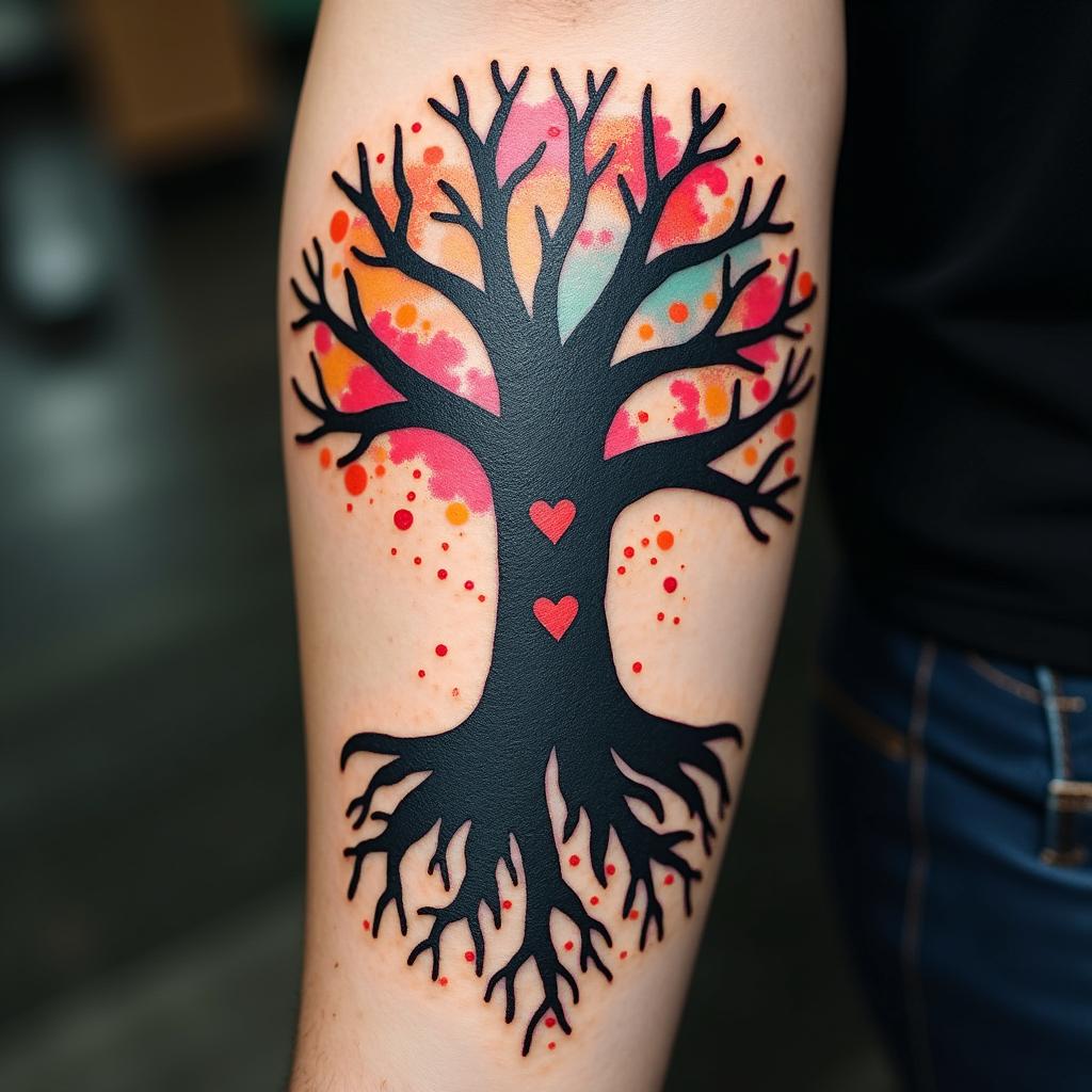 Tree of life with roots and branchesin graffiti style tattoo, featuring bold and dynamic street art elements, spray-paint texture with exaggerated lines and expressive, chaotic brushstrokes, intricate lettering incorporated with graffiti tags, symbols like hearts, stars, and wings