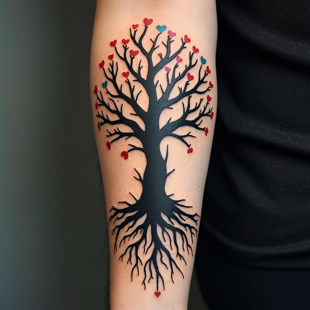Tree of life with roots and branchesin graffiti style tattoo, featuring bold and dynamic street art elements, spray-paint texture with exaggerated lines and expressive, chaotic brushstrokes, intricate lettering incorporated with graffiti tags, symbols like hearts, stars, and wings - Variation 2