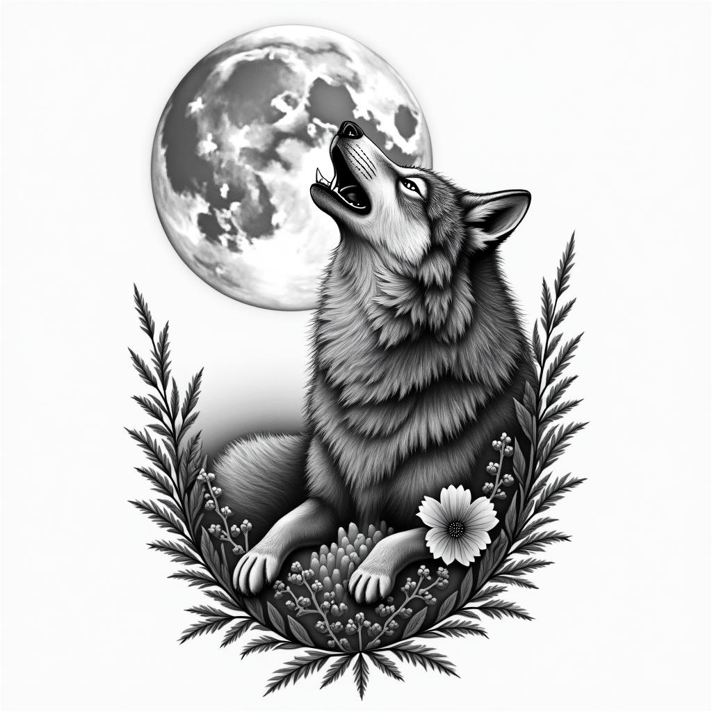 Howling wolf under a full moonin bohemian style tattoo, 8k - Variation 8