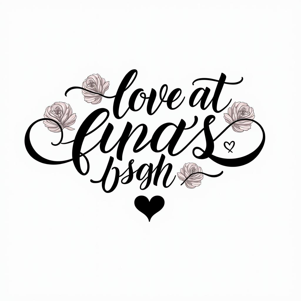 Love at first sight 17/07/24 infinitein elegant cursive calligraphy style 2d tattoo, decorate with roses, featuring a smooth and flowing handwritten script with slightly thickened strokes for a luxurious and bold appearance,  heart symbol between names,  sleek and glossy black text with shadowing, minimalist matte white background, clean and sharp edges, illuminated with soft lighting, romantic, 8k, high-quality textures with refined typography - Variation 4