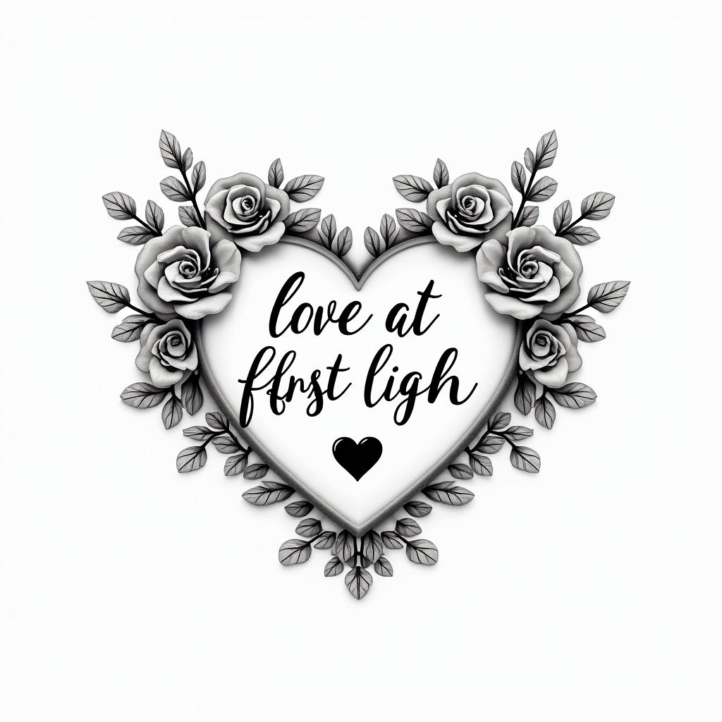 Love at first sight 17/07/24 infinitein elegant cursive calligraphy style 2d tattoo, decorate with roses, featuring a smooth and flowing handwritten script with slightly thickened strokes for a luxurious and bold appearance,  heart symbol between names,  sleek and glossy black text with shadowing, minimalist matte white background, clean and sharp edges, illuminated with soft lighting, romantic, 8k, high-quality textures with refined typography - Variation 2