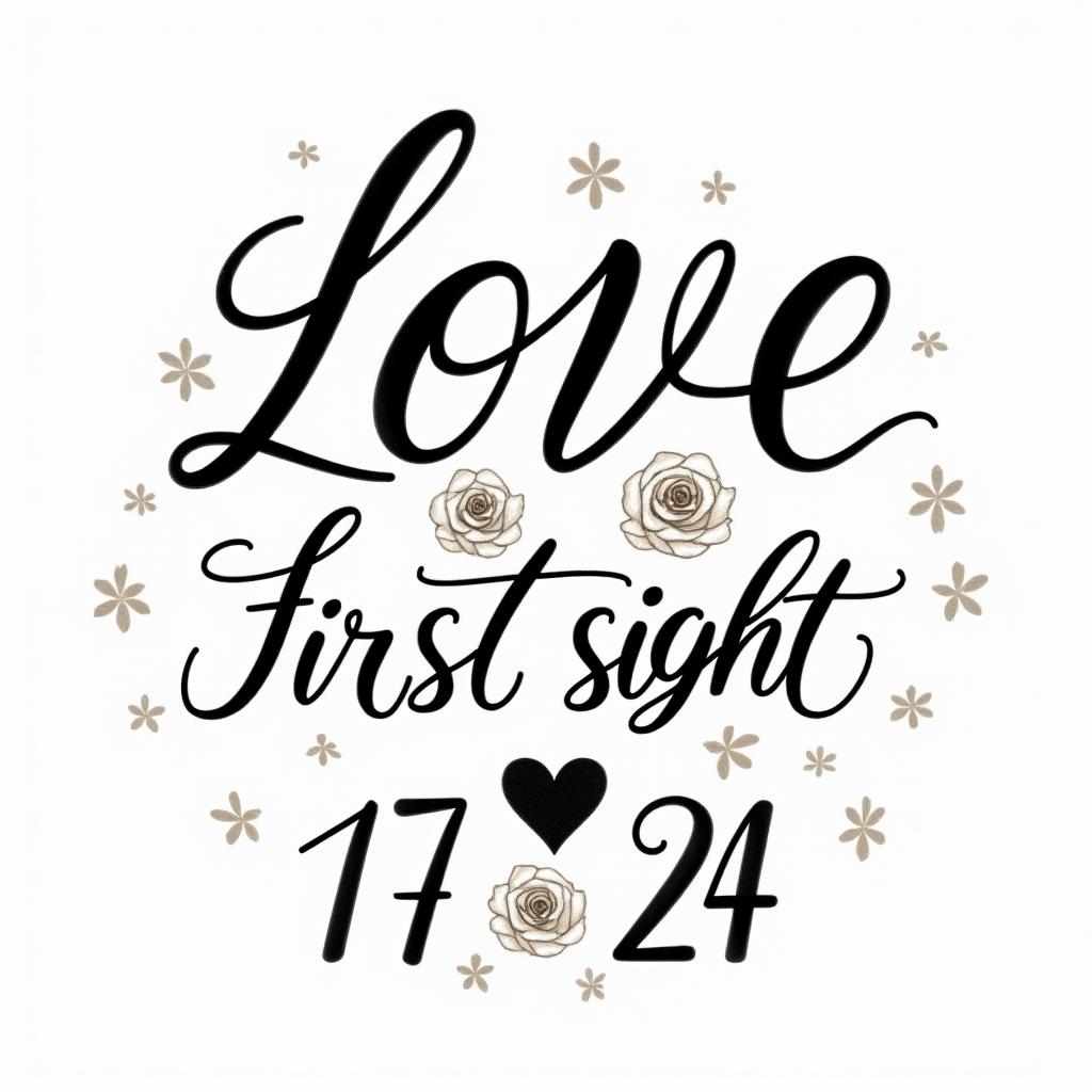 Love at first sight 17/07/24 infinitein elegant cursive calligraphy style 2d tattoo, decorate with roses, featuring a smooth and flowing handwritten script with slightly thickened strokes for a luxurious and bold appearance,  heart symbol between names,  sleek and glossy black text with shadowing, minimalist matte white background, clean and sharp edges, illuminated with soft lighting, romantic, 8k, high-quality textures with refined typography